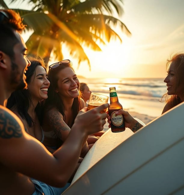 a group of friends enjoying a beer at the beach