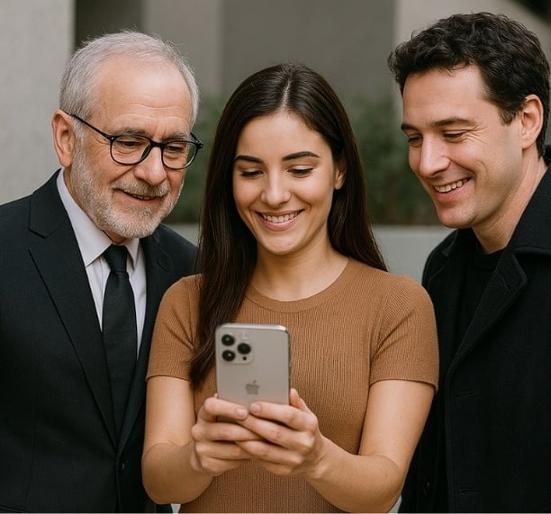 Uma foto de 3 pessoas do aquisição inteligente, vendo o site no celular da empresa