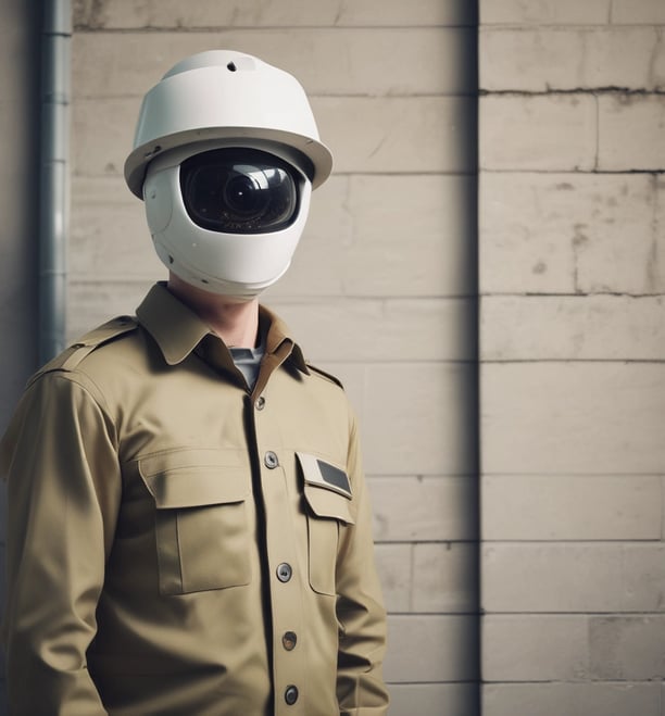 A person dressed in a security uniform is striking a playful pose, holding a blue baton in one hand and a notepad in the other. They are wearing sunglasses and black formal shoes, standing on a paved surface with a brick building and a parked car in the background.