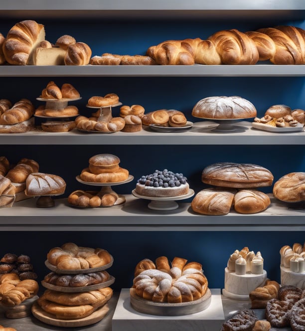 a variety of baked goods displayed on shelves