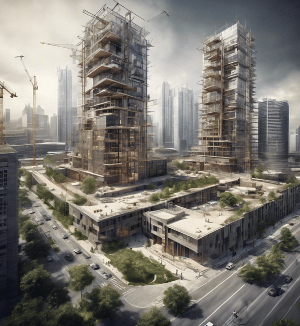 imagem de uma cidade com arranha-céus em construção