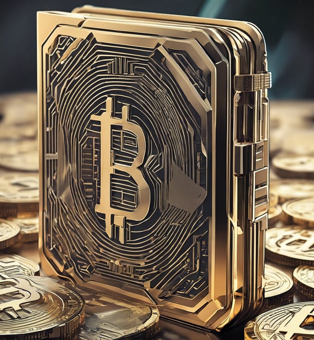 a golden coin - like bitcoin book with a bitcoin in the