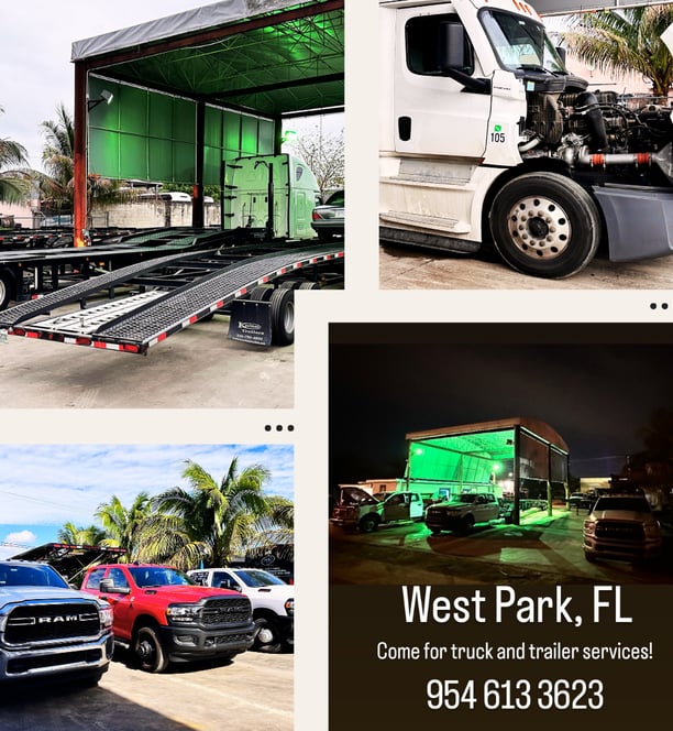 Collage of general view of Truck & Trailer Services Corp location, trailers, semi truck and pickups