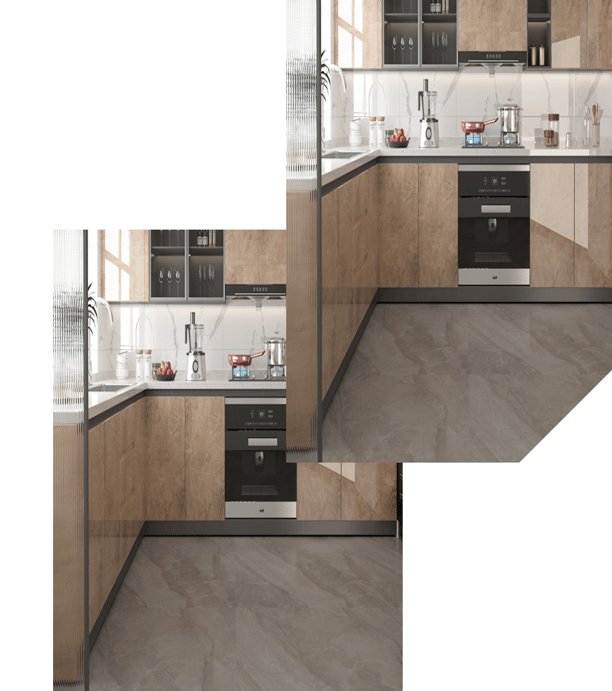 una cocina con muebles modernos realizados con materiales en alto brillo