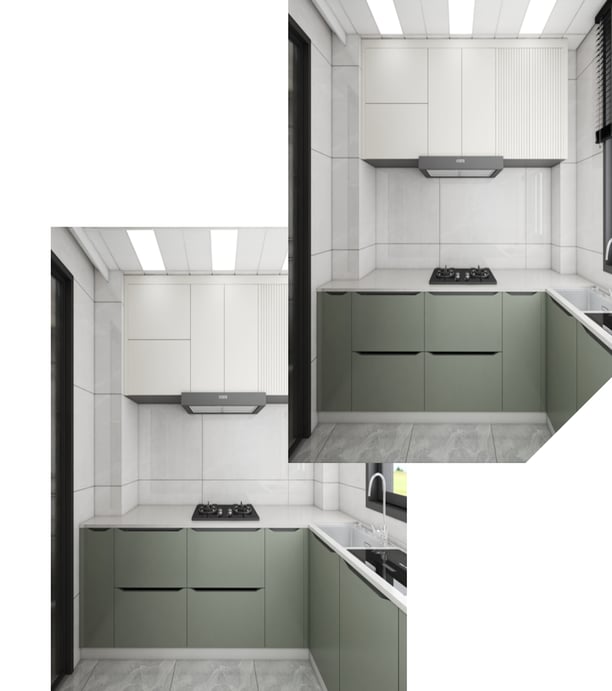 una cocina de color verde con materiales de recubrimiento en polvo
