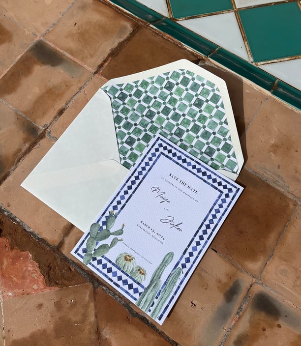 bespoke watercolor invitation and envelope liner for a destination wedding in marrakech morocco
