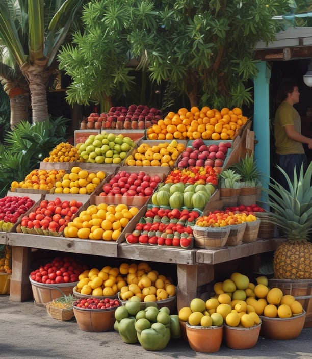 A quaint fruit and vegetable shop with a variety of produce displayed in wooden crates. Numerous bags of fresh greens hang at the entrance, surrounded by stone walls. The shop is bustling with a colorful assortment of fruits and vegetables, showcasing an abundance of natural produce.