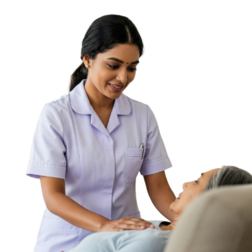 An elderly woman sits in a chair while a nurse offers her assistance, showcasing a caring healthcar
