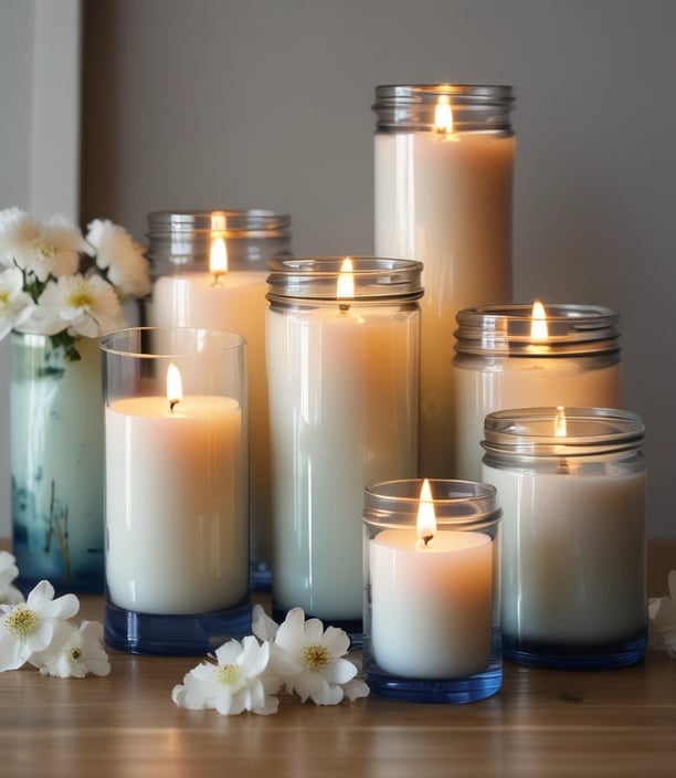 A white, sculptural candle is shaped like a torso, standing beside a box labeled 'Sunnyside' featuring an illustration of a figure with stars. Next to it, there is a lit candle with a geometric, bubble-like surface. The background is a soft, velvety blue fabric.