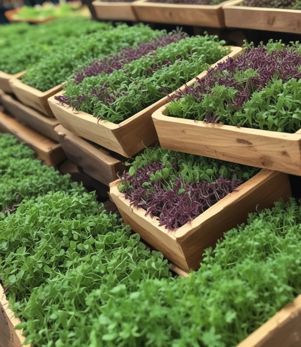 An assortment of microgreens, arranged neatly in trays, showcasing their vibrant green and reddish hues with a mix of dense and sparse foliage. A small sign above them indicates cultivation instructions.