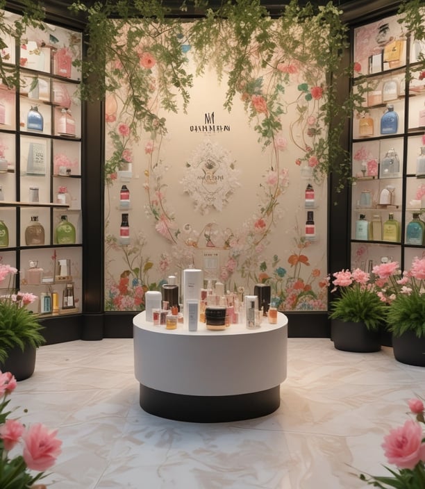 A well-organized fragrance shop displays an array of perfume bottles on wooden shelves, with vibrant towels neatly stacked on a few shelves. Two circular tables in the foreground hold a variety of perfume bottles, surrounded by small, colorful fabric pouches and decorative items. Overhead lights illuminate the products, and bold signage on the wall reads 'Damn Fine Fragrance' along with Chinese characters.