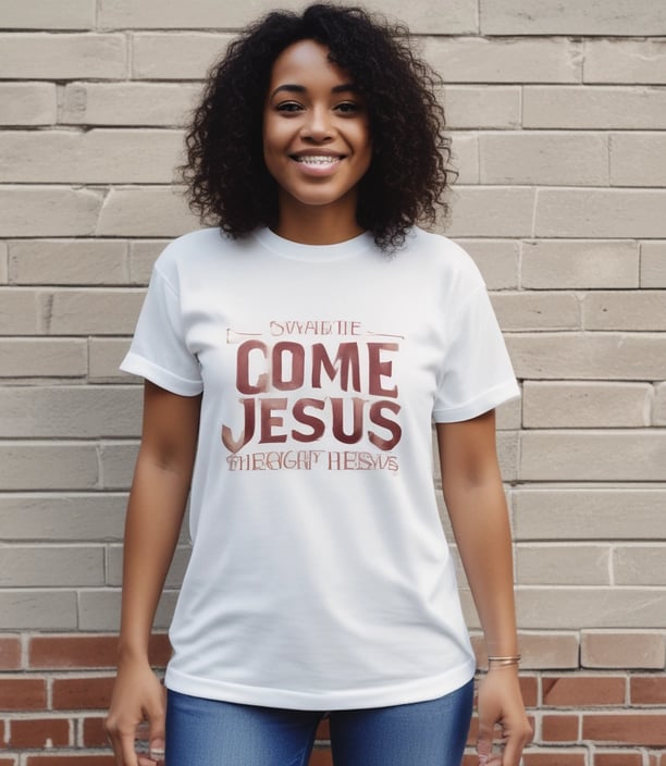 A folded yellow hoodie with a design reading 'COME THRU JESUS' in large, bold yellow letters on a black background. A blue tag attached to the hoodie reads 'FRESH HOPE APPAREL'. The hoodie is placed on a wooden surface.
