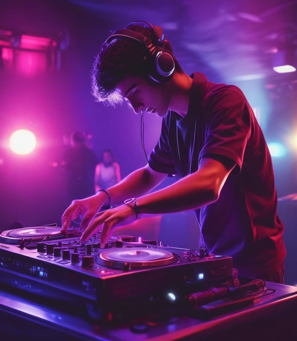 A DJ is performing in a dimly lit club environment, focusing intently on the turntable and mixer. Vibrant lighting effects create an atmospheric glow, bathing the equipment in shades of green and purple.