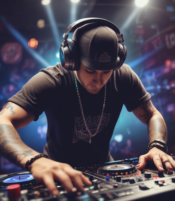 A DJ wearing headphones and a cap is focused on mixing music at a professional DJ controller. The background includes dim lighting and light beams creating a dynamic club atmosphere. The DJ has tattoos on his arms and appears engaged in his performance.
