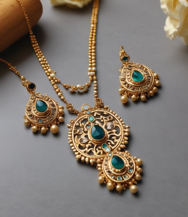 Elegant jewelry pieces featuring intricate designs with pearls and gold accents are displayed against a soft, textured background. The jewelry includes earrings that combine black stones and clusters of pearls with shiny embellishments.