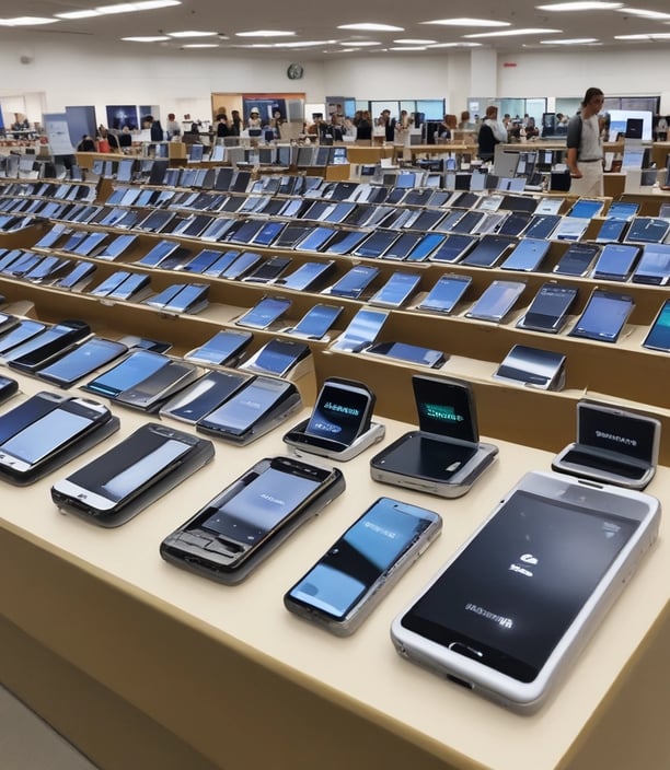 Several outdated electronic devices, including vintage computer monitors and printers, are stacked on shelves behind a glass window. The equipment is mostly beige with signs of wear and aging.
