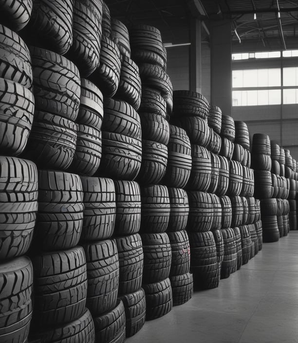 A modern showroom displaying various tires arranged neatly. The background features a bar-like area with red stools and a yellow accent wall. Tire racks display differently wrapped tires against a contrasting black and yellow theme. The lighting is bright, enhancing the contemporary design.