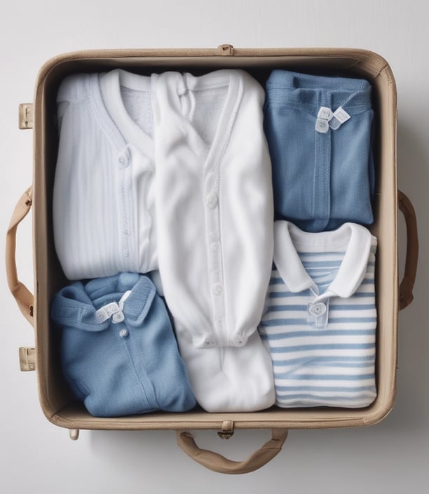 Various baby items are arranged neatly, including a soft plush bunny toy, a small wooden elephant, a baby hairbrush, and a pacifier. There are also folded blankets and towels, some tied with a ribbon, and fabric with cherry patterns. A blank beige card is placed centrally among these items.