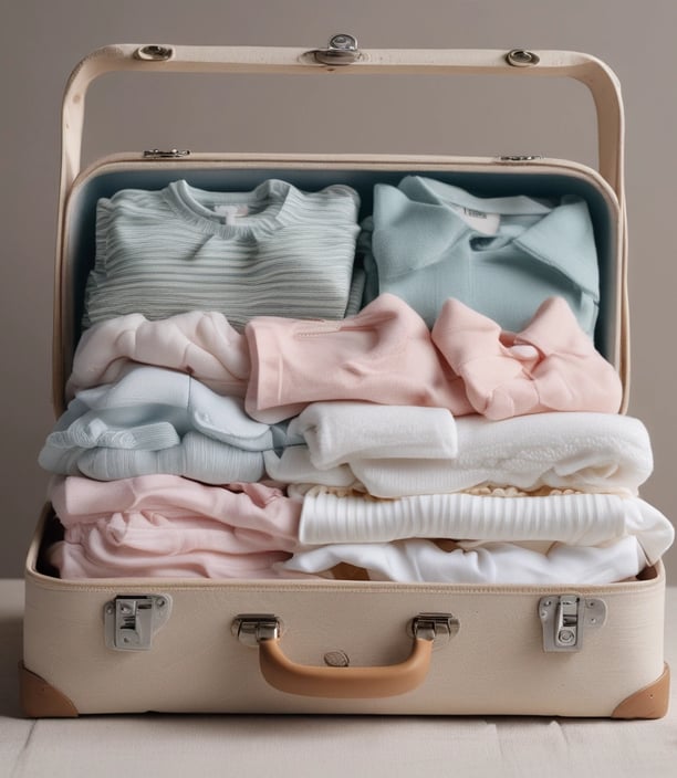 A baby lies on a white quilt surrounded by various baby care products, such as lotions, baby oil, and diapers. The baby is wearing a white diaper with colorful hair ties scattered around. Bright packaging and diverse product shapes create an organized composition.