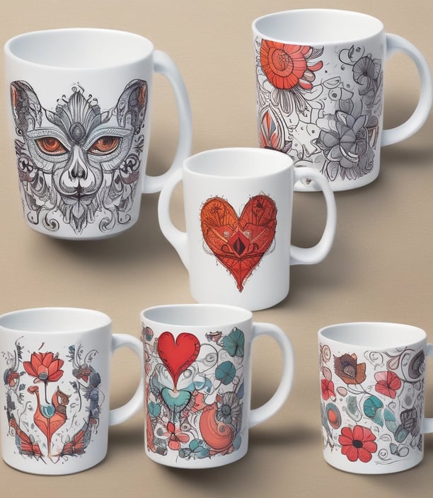 A Cricut mug press is displayed alongside a Cricut box featuring decorative designs for mugs, as well as other devices in the background. The scene seems to be set in a workspace or creative area.