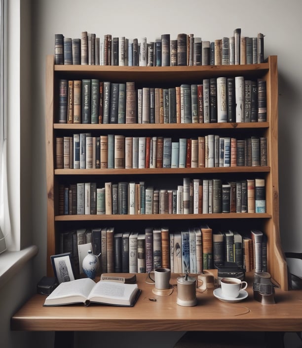 A collection of self-help and motivational books are neatly organized on a black bookshelf. On the top shelf, there is a small stack of books including 'Tuesdays with Morrie', 'The Magic of Thinking Big', 'Think and Grow Rich', and 'The Power of Now'. The bottom shelf displays a variety of books such as 'The Alchemist', 'Freedom from the Known', and 'The 7 Habits of Highly Effective People'. The setup suggests a personal library focused on personal development.