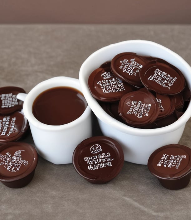 A neatly organized display of various coffee pods arranged in rows and columns on a wooden surface. The pods are housed in colorful packaging, varying from red, orange, and cream to darker shades. Below the pods, there are rows of capsules and promotional materials likely detailing different coffee flavors.