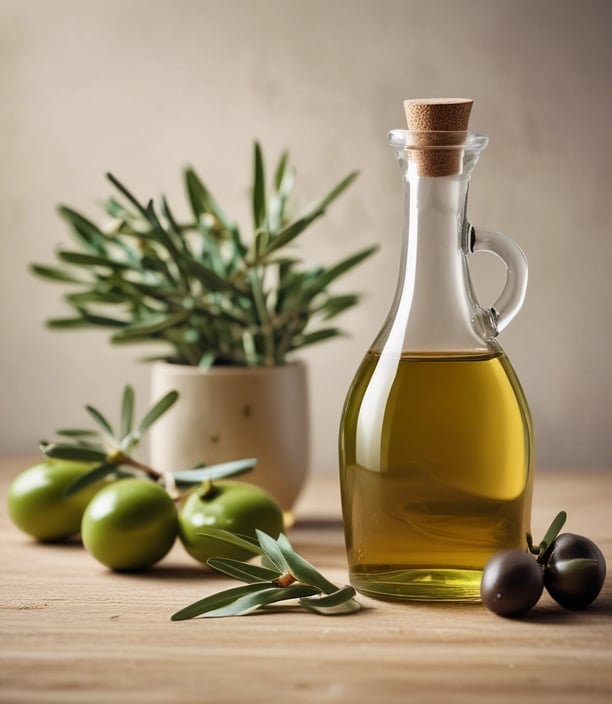 A bottle of Filippo Berio Extra Virgin Olive Oil is placed on a floral-patterned plate beside a small bowl of olives. A spoon rests against the bowl which is held by a silver holder. In the foreground, there is a glass dish containing olive oil. The background includes kitchen cabinets with plates displayed and a portion of a stove, creating a rustic kitchen setting.