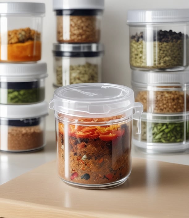 A transparent plastic storage container with black handles resting on a wooden floor. The container is partially wrapped in plastic. The background includes a gray fabric, possibly a curtain or a piece of furniture cover.