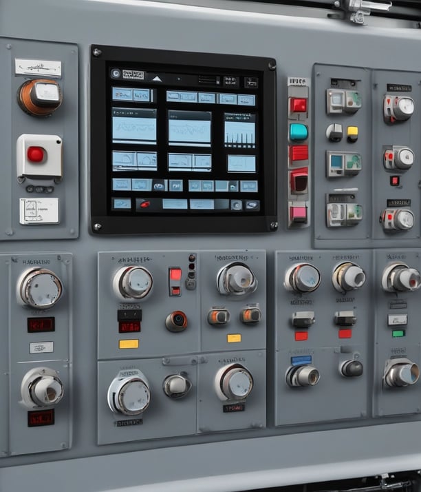 A control room with a large control panel featuring numerous buttons, switches, and screens. The panel is covered with papers and office supplies such as notebooks and highlighters. Displays on the control panel show various indicators and graphical information.