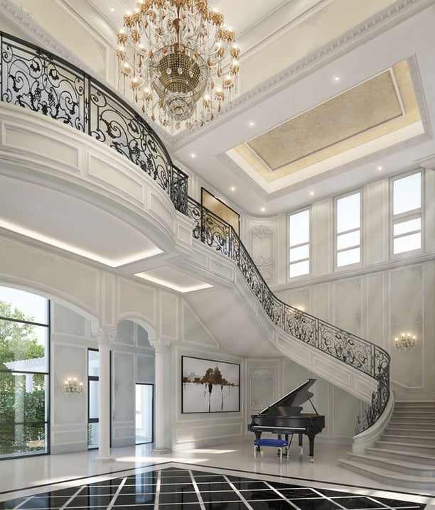 a grand piano in a large lobby