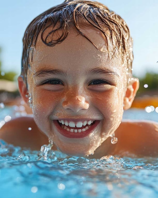 Smiling child playing in a clear blue pool, capturing the joy and safety of a well-maintained swimming environment.