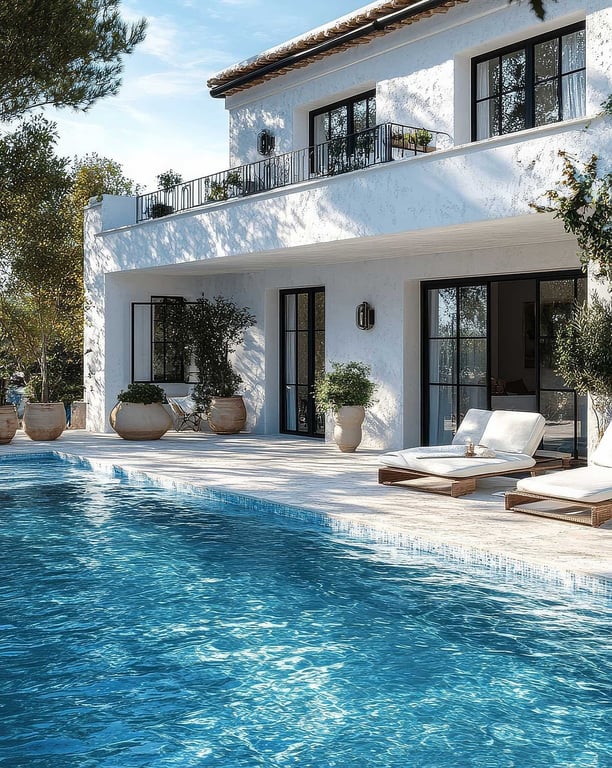 Modern luxury home and crystal-clear pool, representing high-end residential clients who trust Piscus Pools for expert care.
