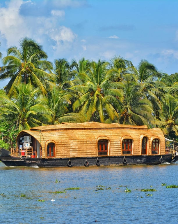 Luxury houseboat cruising through Kerala’s serene backwaters near Alleppey.