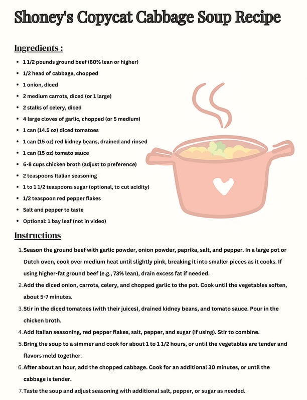 shoney's copycat cabbage soup recipe card with image of pot of soup