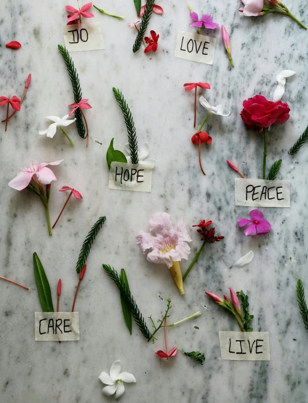 a table with flowers and words on it