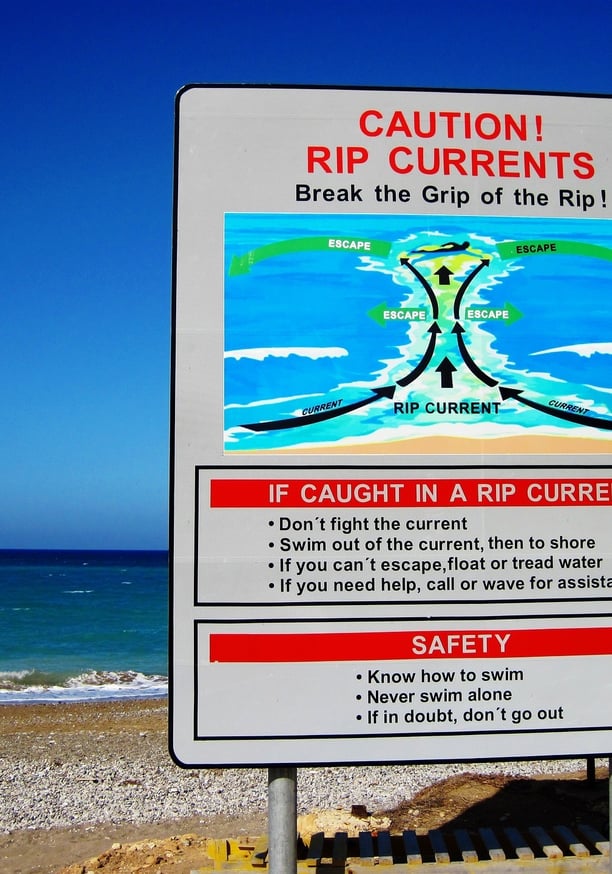 Beach sign highlighting how to get out of a rip current