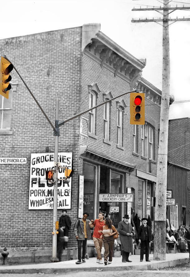 1900 photo of historic Arnprior street at the corner of Elgin and Daniel occupied by MJ Butcher