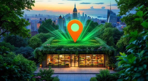 a building with a green roof and a map pinpoint pin overlooking nyc