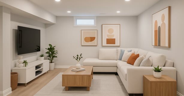 Modern basement renovation in London, Ontario with cozy living space and minimalistic decor.