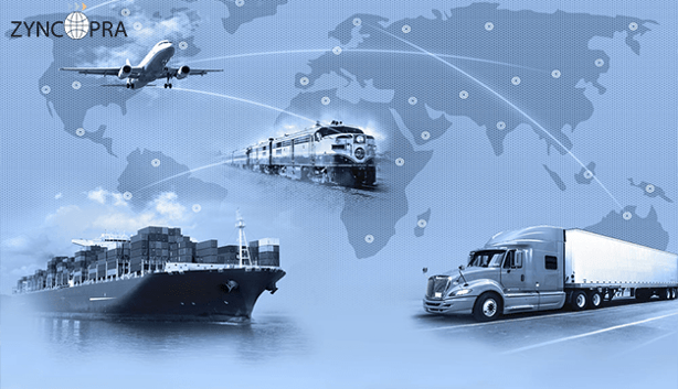 Global logistics with shipping containers, trucks and customs flow