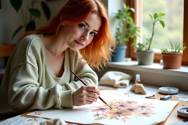 Skye’s hand painting soft watercolors, surrounded by brushes and scattered art supplies.
