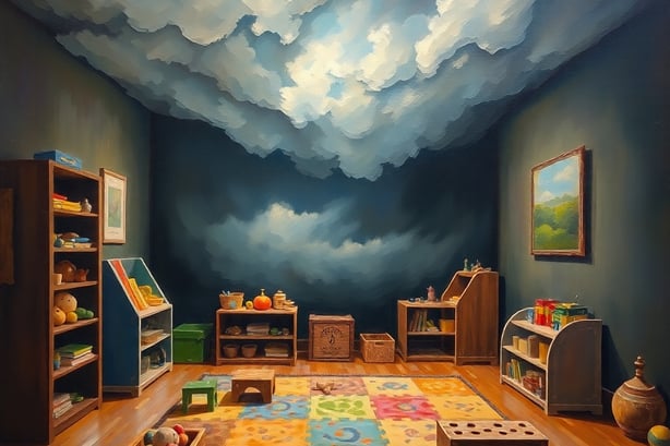 A classic oil painting depicting a functional sensory playroom for autistic children ages 3-8