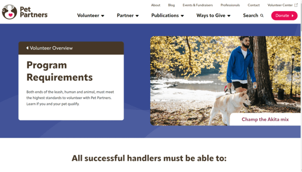 Screen shot of Pet Partners program requirements.