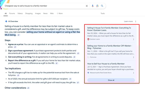 Screenshot of Google search results for cheapest way to sell a house to a family member, highlighting AI Overviews