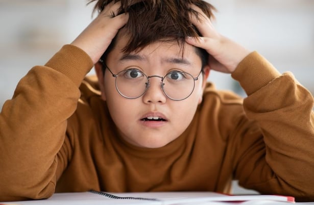 a boy with glasses and a brown sweater