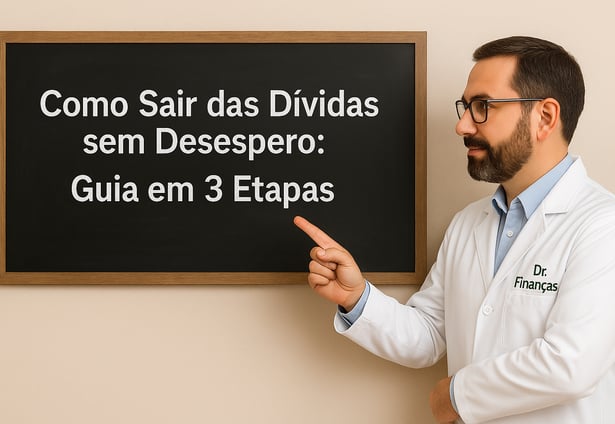 Dr. Finanças explicando como sair das dívidas sem desespero em 3 etapas, apontando para quadro negro