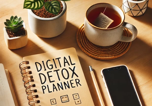 A desk setup with a "Digital Detox Planner," a cup of tea, a potted plant., a switched of phone.