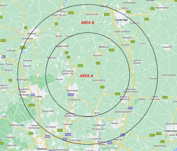 Map showing 20km radius from Buntingford
