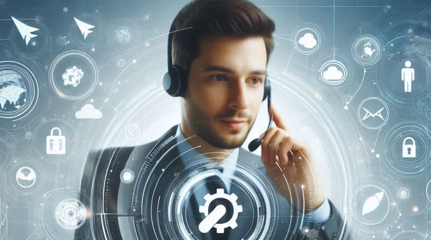 a man in a suit and headphones with a laptop