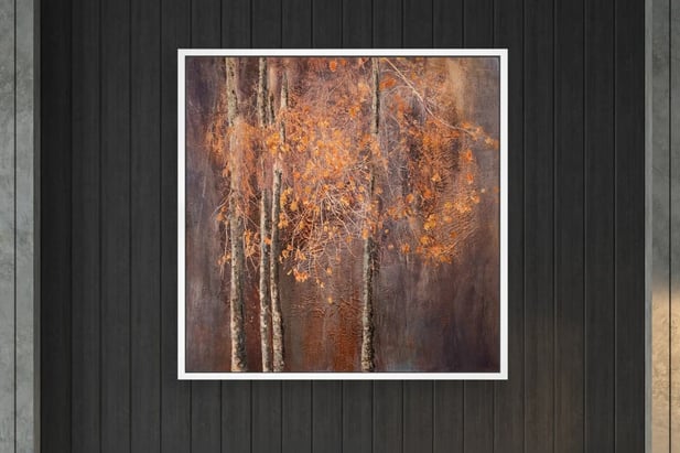 Mixed media artwork by Samantha Lee Osner – abstract autumn trees in ink and paint. Osner Gallery, Cape Town.